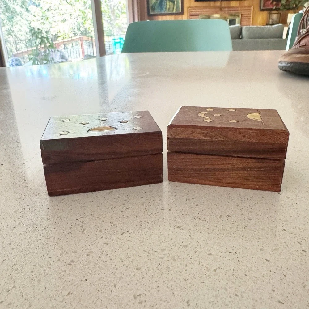 2 Small Celestial Wood Celtic Box Brass Metal Inlay Trinket Gift Box Wicca Witch